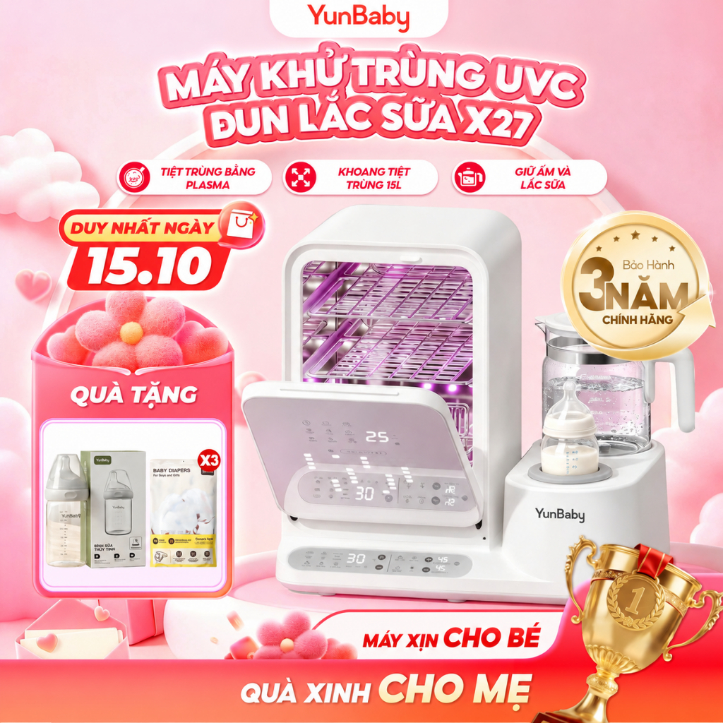 [BẢN TIẾNG VIỆT]  Máy tiệt trùng Yunbaby X27 đun nước Hâm Pha sữa Lắc sữa Tiệt trùng bình sữa Sấy khô Khử clo Plasma UVC
