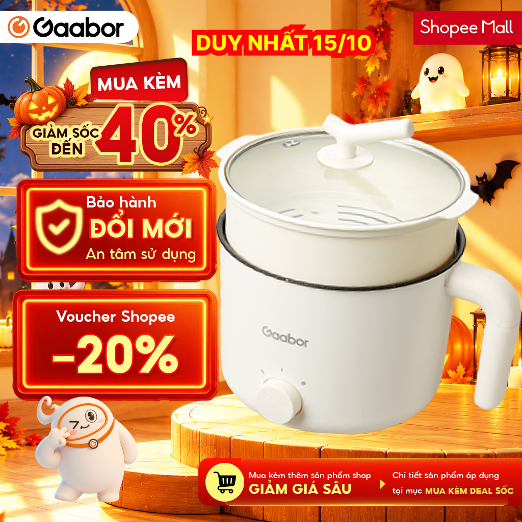 Nồi điện đa năng Gaabor GR-N15A lẩu điện 1.5L chống dính công suất 600W ăn mì nấu lẩu kèm xửng hấp