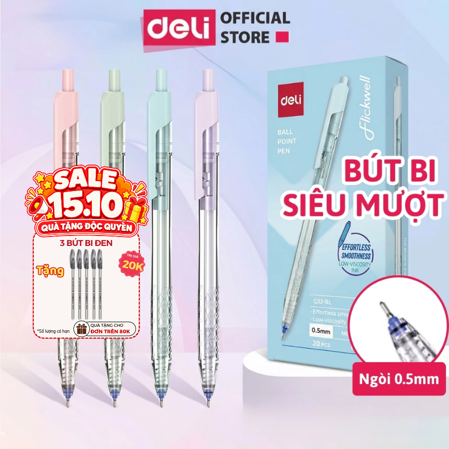 Combo 5/10/20 Bút Bi Deli EQ32 Ngòi 0.5mm Nét Thanh Mảnh Màu Pastel Cho Học Sinh Sinh Viên Văn Phòng