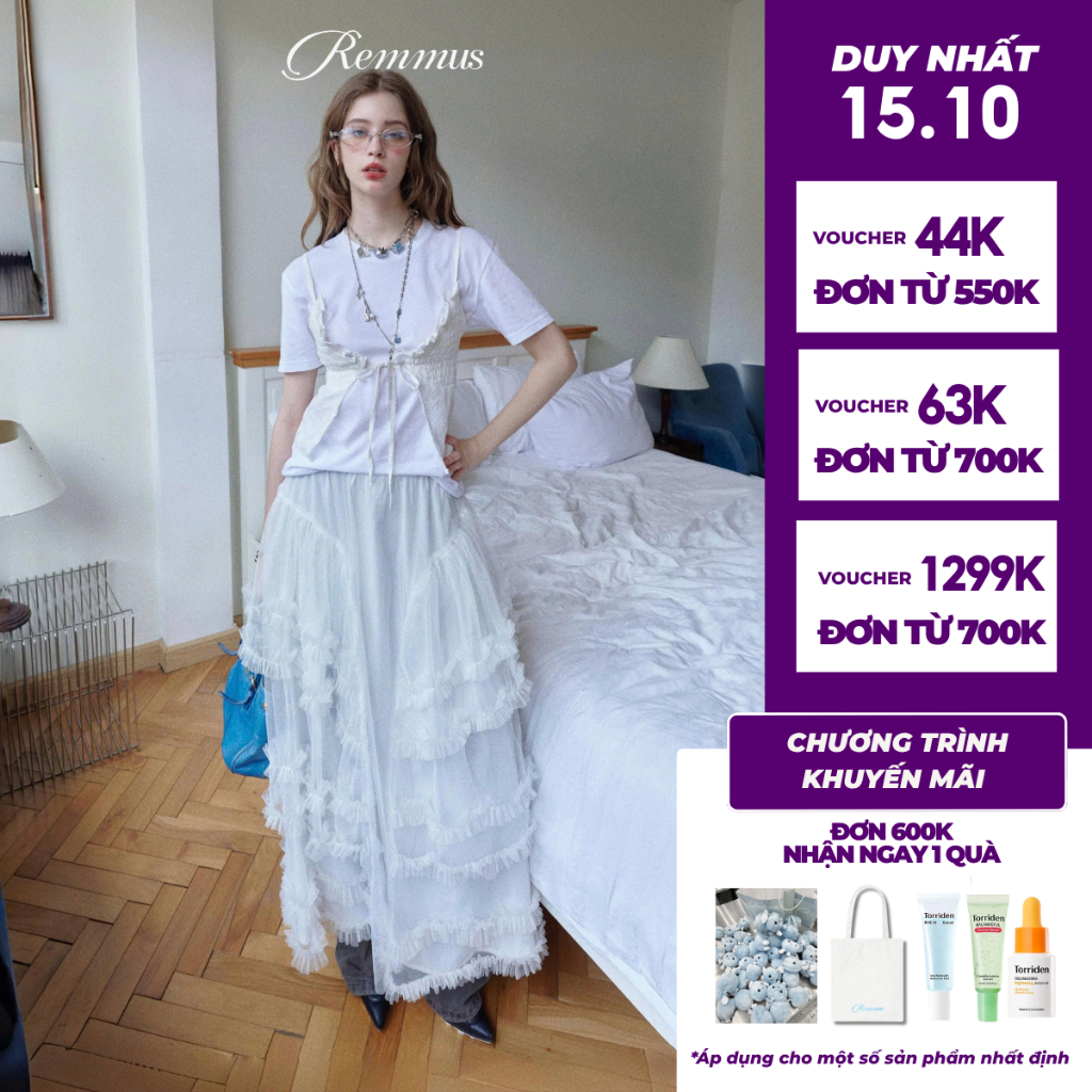 Claire Skirt - Remmus | Chân váy dài xếp tầng ren trắng dáng xoè cho nữ