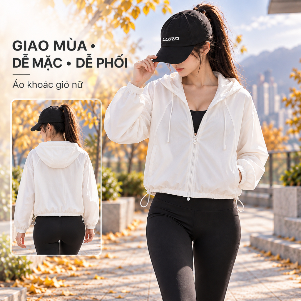 Áo Khoác Gió Nữ LURO 2 Lớp Lót Lưới Vải Gió Nhăn, Mũ Dây Rút, Nhẹ Thoáng Chắn Gió, Thể Thao Thu Đông