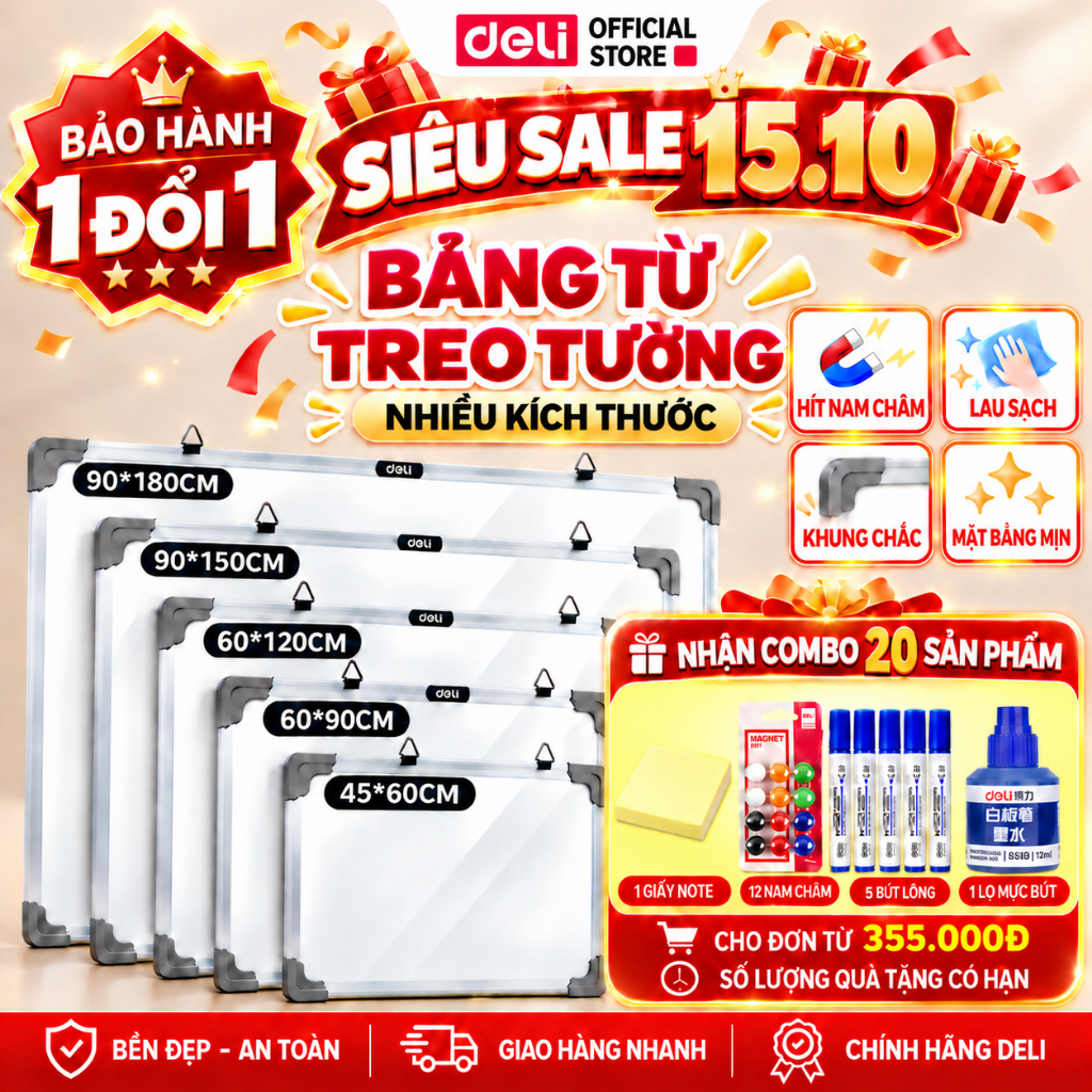 [🔥VOUCHER 150K MUA 1 NHẬN 20] Bảng Từ Trắng Deli Treo Tường Kèm Khay Đựng Bút  – Bảng Mica Nam Châm Viết Bút Lông
