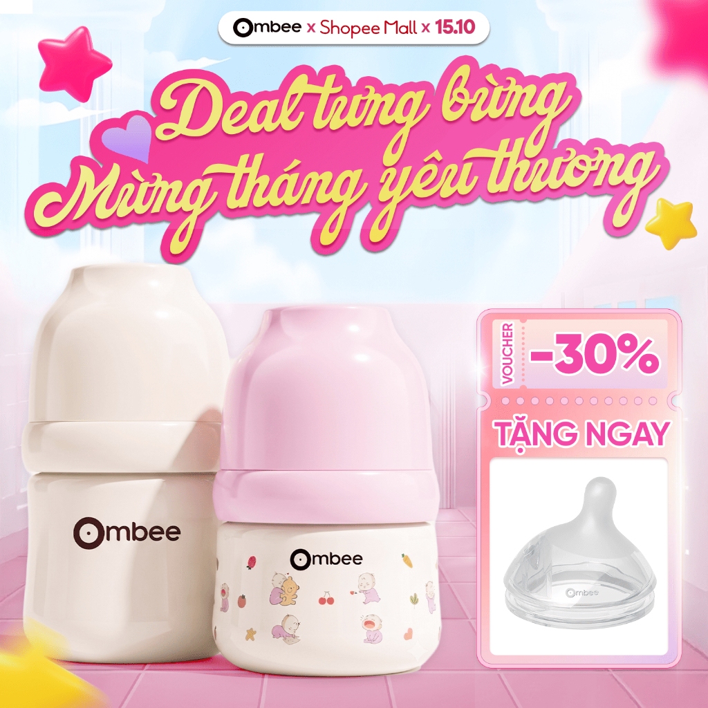 [15.10 | SALE GIỮA THÁNG] Bình Sữa Ombee Chất Liệu PPSU Cổ Rộng Chống Sặc Chống Đầy Hơi Núm Ti Mềm