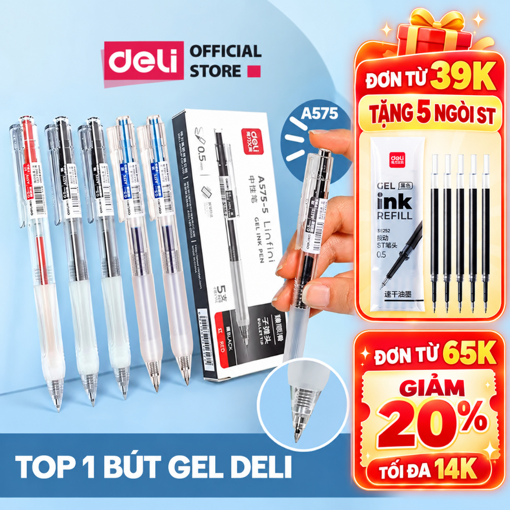 [⚡VOUCHER 14K + QUÀ] Bút Bi Nước Bút Gel Bấm Ngòi 0.5mm Bút Gel A575 Deli Vỏ Trong Suốt Có Đệm Tay Văn Phòng