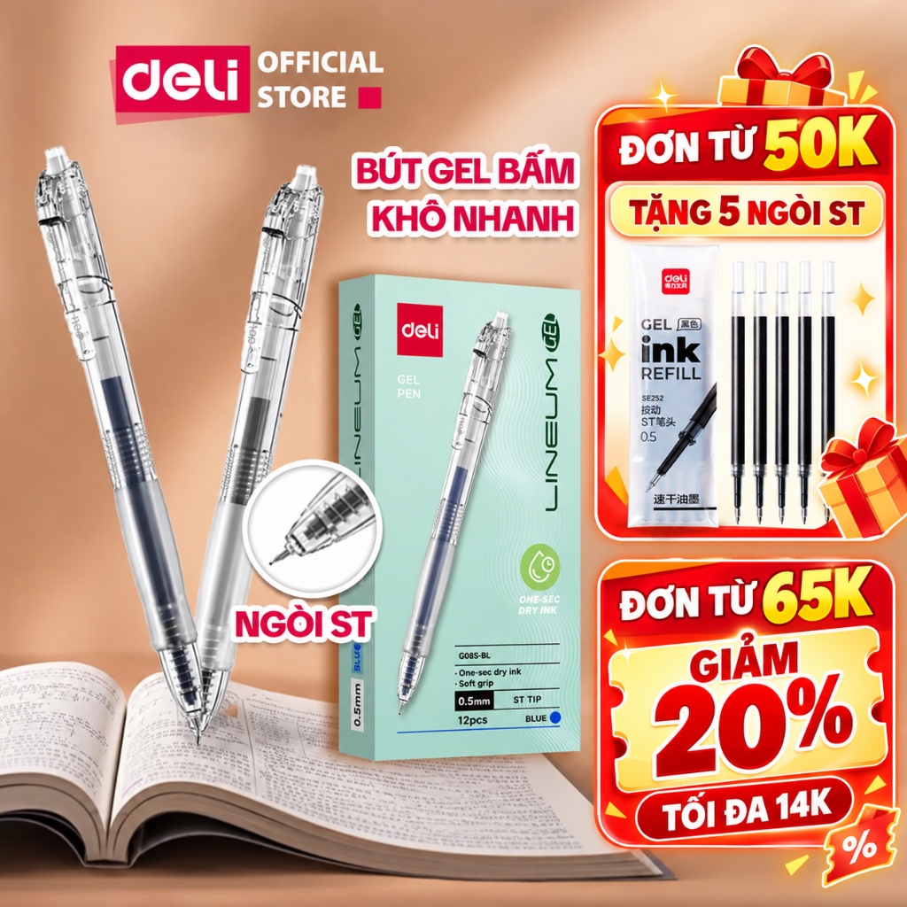 [🔥VOUCHER 14k + QUÀ] Combo 5/10/20 Bút Gel Bấm Deli EG08S 0.5mm Bút Bi Nước Nhanh Khô Mực Êm Trơn Ngòi Cao Cấp 2 Màu Mực