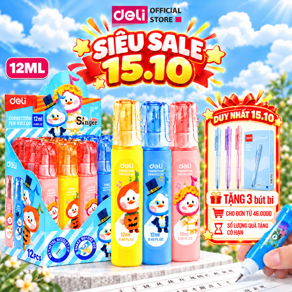 Bút Xoá Nước 10ml/12ml Deli Thiết Kế Dạng Nắp Tẩy Bút Máy Bút Mực Bi Nước Học Sinh Văn Phòng