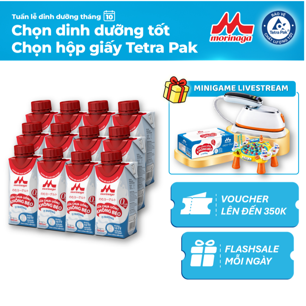 [MEGA SALE 20.10] Combo 12 hộp Sữa Chua Uống Không Béo Morinaga 190ml - Ít đường & calo, 10 tỷ lợi khuẩn - Tăng miễ