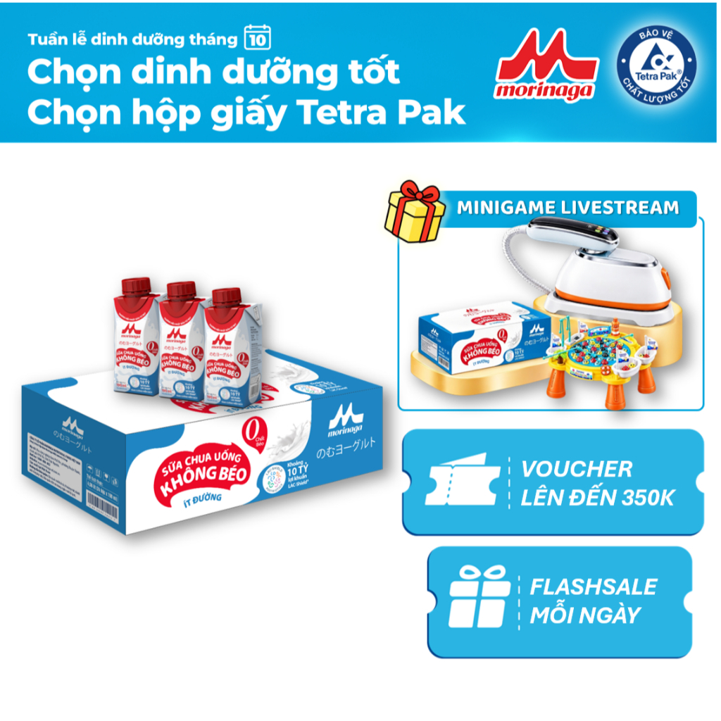 [MEGA SALE 20.10] Thùng 24 hộp Sữa Chua Uống Không Béo Morinaga 190ml - Ít đường & calo, 10 tỷ lợi khuẩn - Tăng miễ