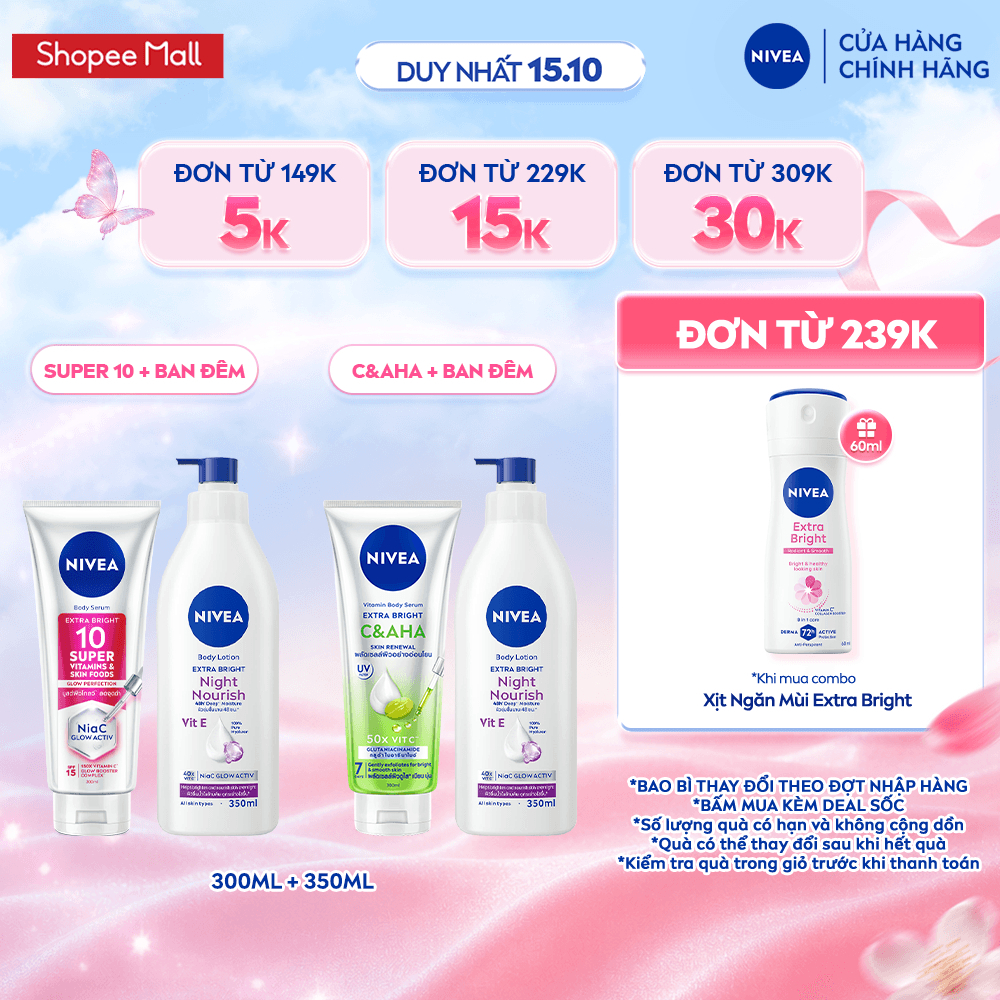 Combo Dưỡng Sáng Da NIVEA Vitamin Serum 300ml & Sữa Dưỡng Thể Extra Bright 350ml - 98412+93824/99197
