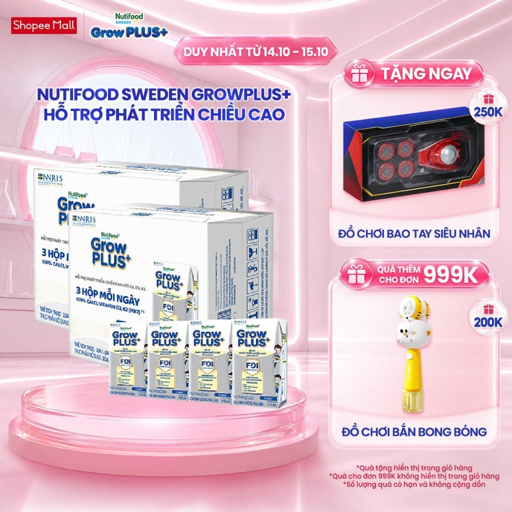 Combo 2 Thùng 24 Hộp Sữa Bột Pha Sẵn Nutifood Sweden GrowPLUS+ Cao lớn vượt trội hộp 110 ml