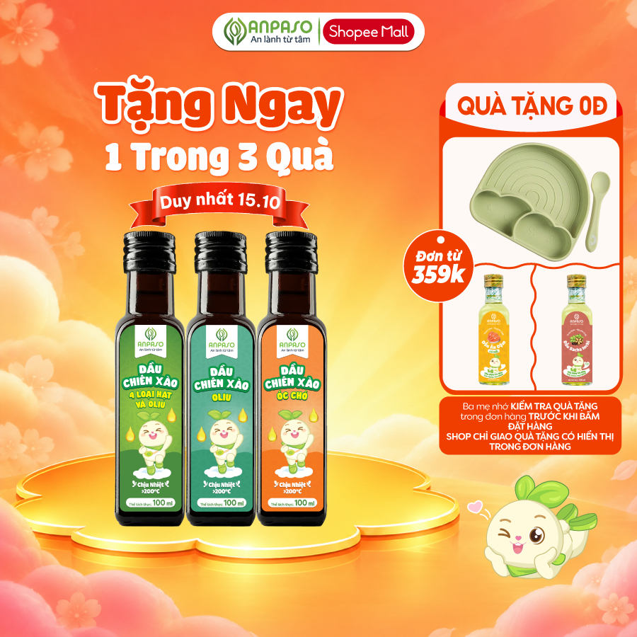 Dầu Chiên Xào Cho Bé Ăn Dặm Anpaso 100ml chịu nhiệt 200°C- Nguyên liệu tự nhiên không biến đổi Gen- Oliu Óc Chó Mix Hạt