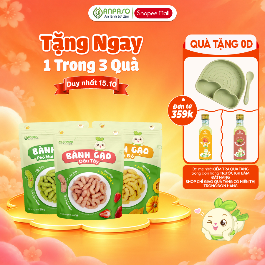 Bánh Gạo Ăn Dặm Cho Bé Anpaso 30g - Kết Cấu Xốp, Tan Nhanh - Bánh Gạo Hình Que Vị Phô Mai Rau xanh, Bí Đỏ và Dâu Tây