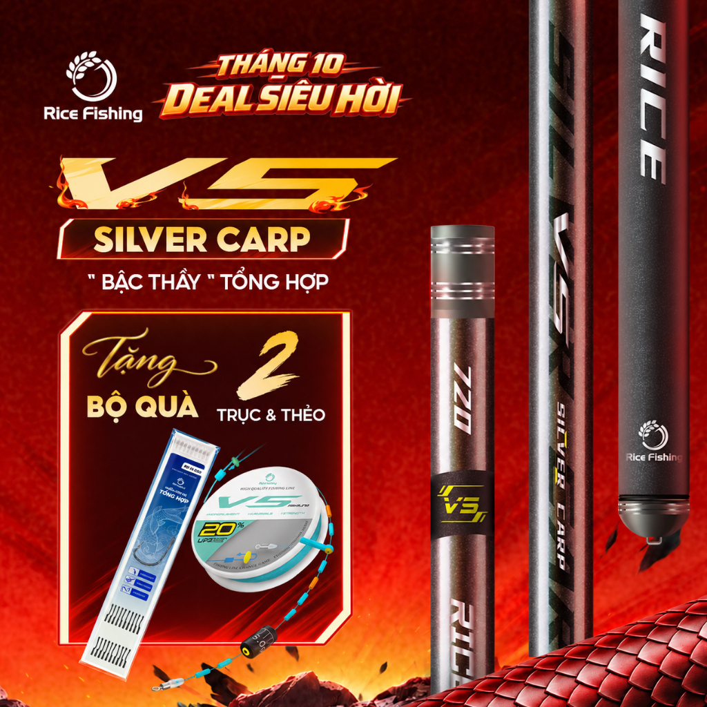 Cần câu đài V5 SILVER CARP RiceFishing chất liệu carbon cao cấp chuyên câu cá chép, cá mè CC-34