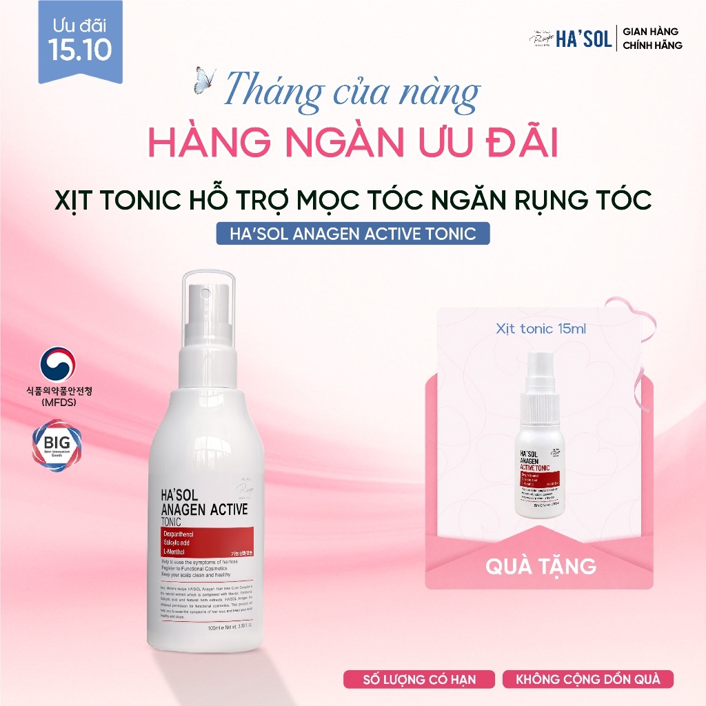 Xịt Dưỡng HASOL Kích Mọc, Ngăn Rụng, Nuôi Dưỡng Da Đầu Nang Tóc Chắc Khỏe - Ha'sol Anagen Active Tonic 100ML
