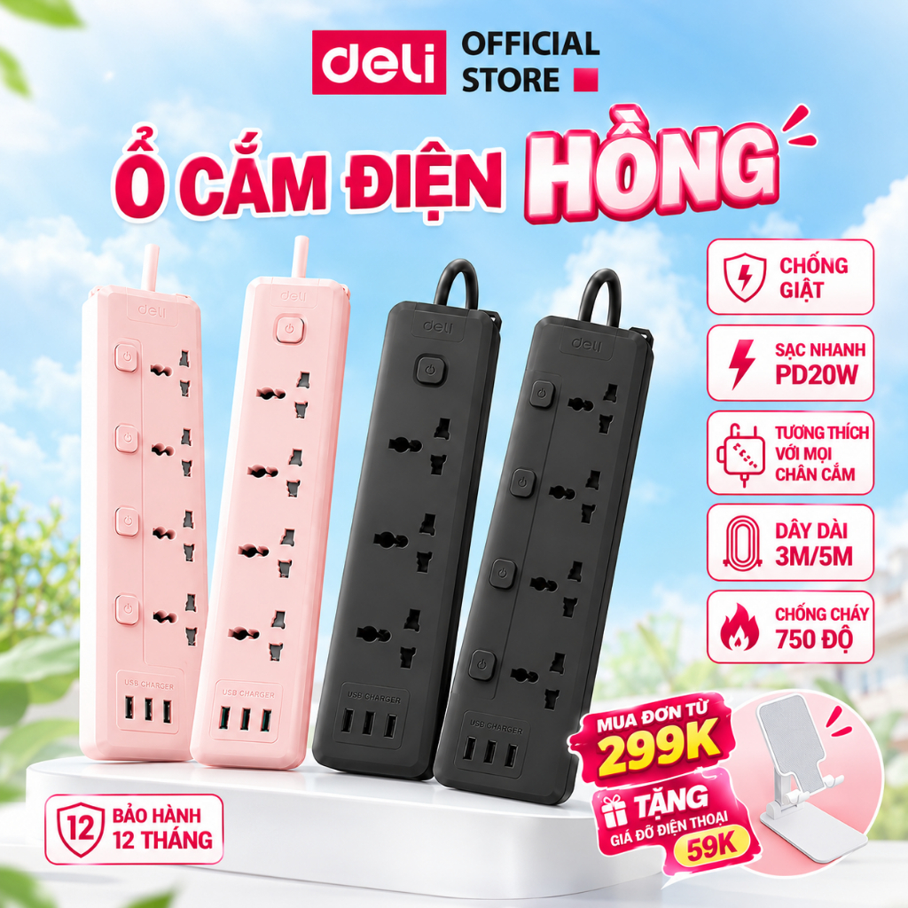 Ổ Cắm Điện Hồng Đen Trắng 2026 Deli Ổ Cắm Điện DELI Sạc NhanhPD20W Tích Hợp USB Ổ Điện Đa Năng 2500W An Toàn Có Cầu Chì
