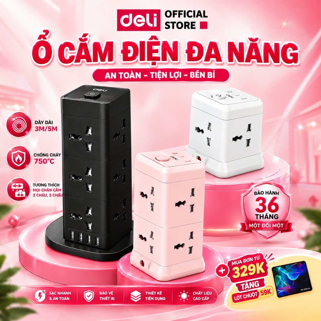 Ổ Cắm Điện Trụ DELI Sạc Nhanh USB TypeC 20W, Ổ Điện Đa Năng Thông Minh Để Bàn Cầu Chì Tự Ngắt Ổ Vuông Nhiều Lỗ Cắm 2500W