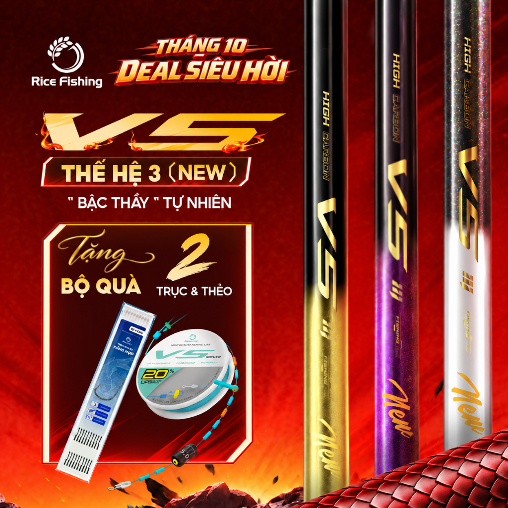 Cần câu đài V5 Thế hệ 3 Rice Fishing Carbon 30T & 40T Nâng cấp phiên bản mới 2025