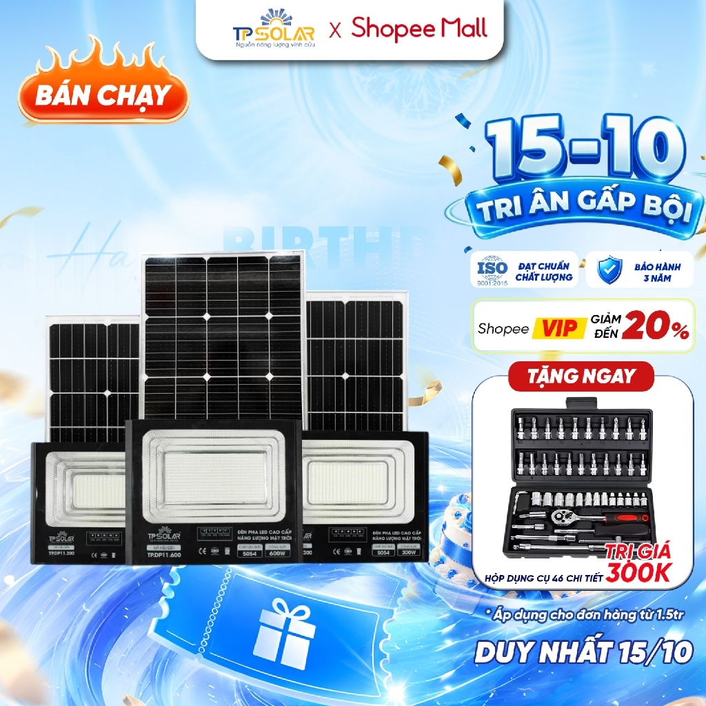 Đèn Pha Năng Lượng Mặt Trời TP SOLAR 200W, 300W, 600W Chiếu Sáng 100-300m2, Vỏ Hợp Kim Nhôm, Sáng Xuyên Đêm