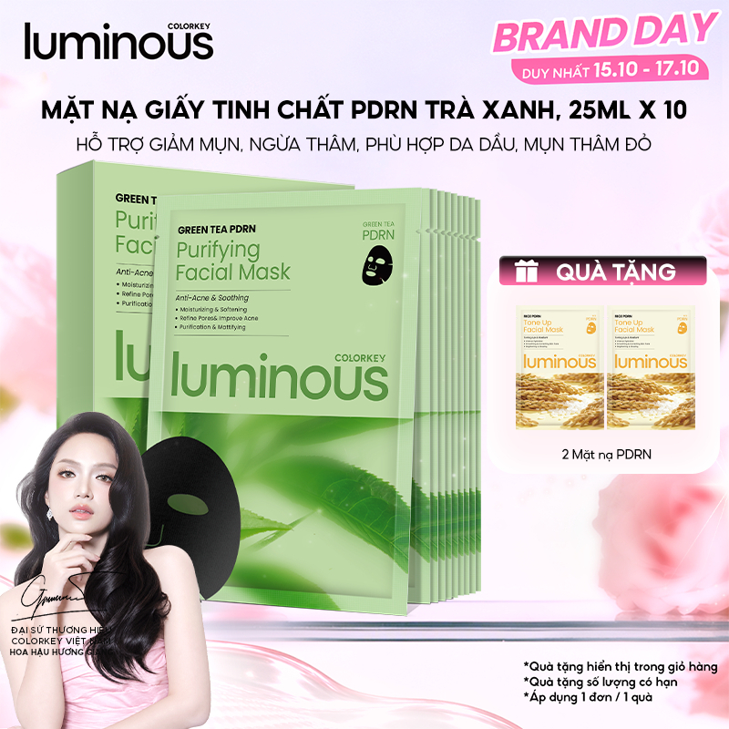 Mặt nạ giấy PDRN Trà xanh| Colorkey Luminous| Phù hợp da dầu, hỗn hợp thiên dầu |Làm dịu da, giảm mẩn đỏ| 1 hộp 10 Miếng