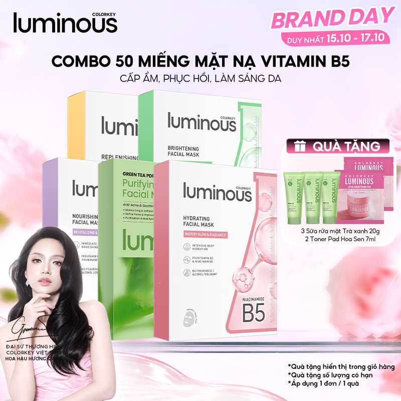 Combo 5 Hộp Mặt Nạ Giấy Vitamin B5 Colorkey Luminous Cho Mọi Loại Da Hỗ Trợ Cấp Ẩm Làm Dịu & Phục Hồi Da (10 Miếng/Hộp)
