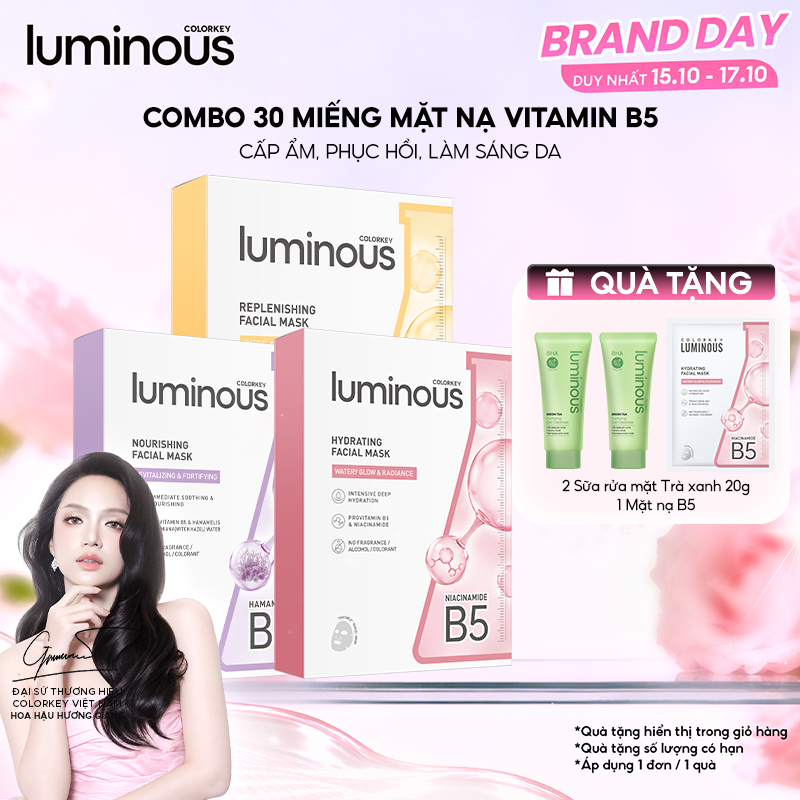 COMBO 3 Hộp Mặt Nạ Colorkey Luminous |Tinh Chất Vitamin B5 Cấp Ẩm Sâu Cho Da Căng Bóng| Phù Hợp Da Nhạy Cảm| 25ml x 30