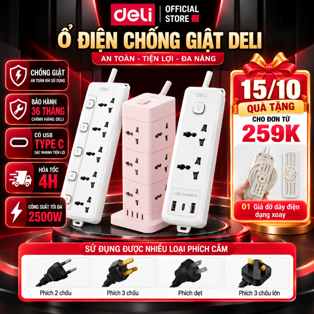 [HỎA TỐC] Ổ Điện Deli 2026 Ổ Cắm Điện Đa Năng Để Bàn Mẫu Mới Công Suất 2500W, Thông Minh Tích Hợp Cổng USB