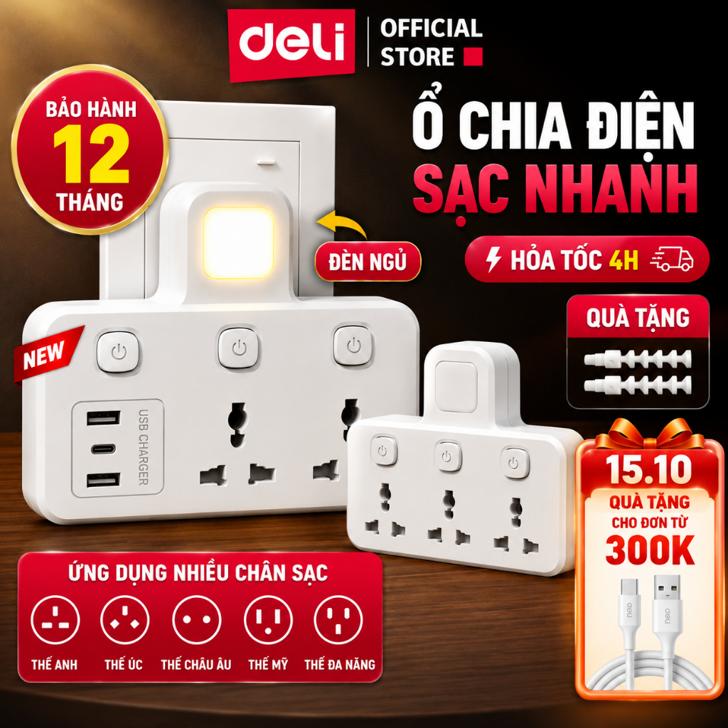 [HỎA TỐC] Ổ Chia Điện Đa Năng Deli Ổ Cắm Chia Điện 2500W Tích Hợp Cổng USB &TypeC Sạc Nhanh Tiện Lợi