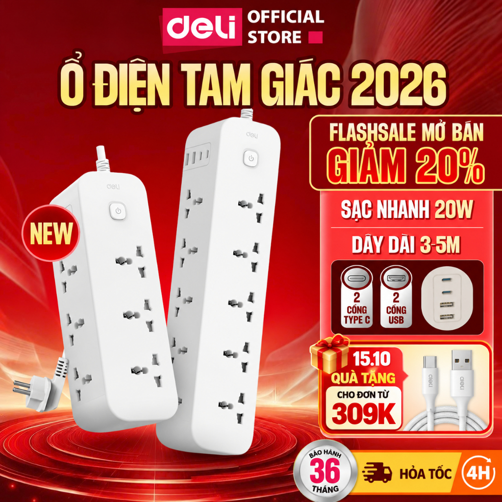 [Hỏa Tốc] Ổ Cắm Điện Tam Giác DELI 2026 Chịu Tải 2500W Ổ Đa Năng Dây Dài 3-5m Cổng USB Chống Cháy Chống Giật