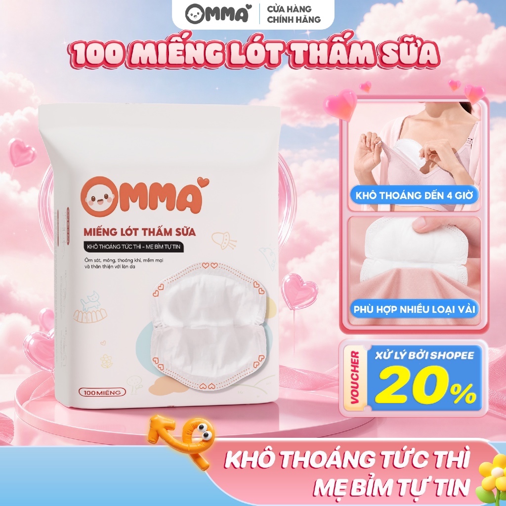 Bịch 100 miếng lót thấm hút sữa OMMA chống tràn tối đa, từ sợi organic an toàn lành tính