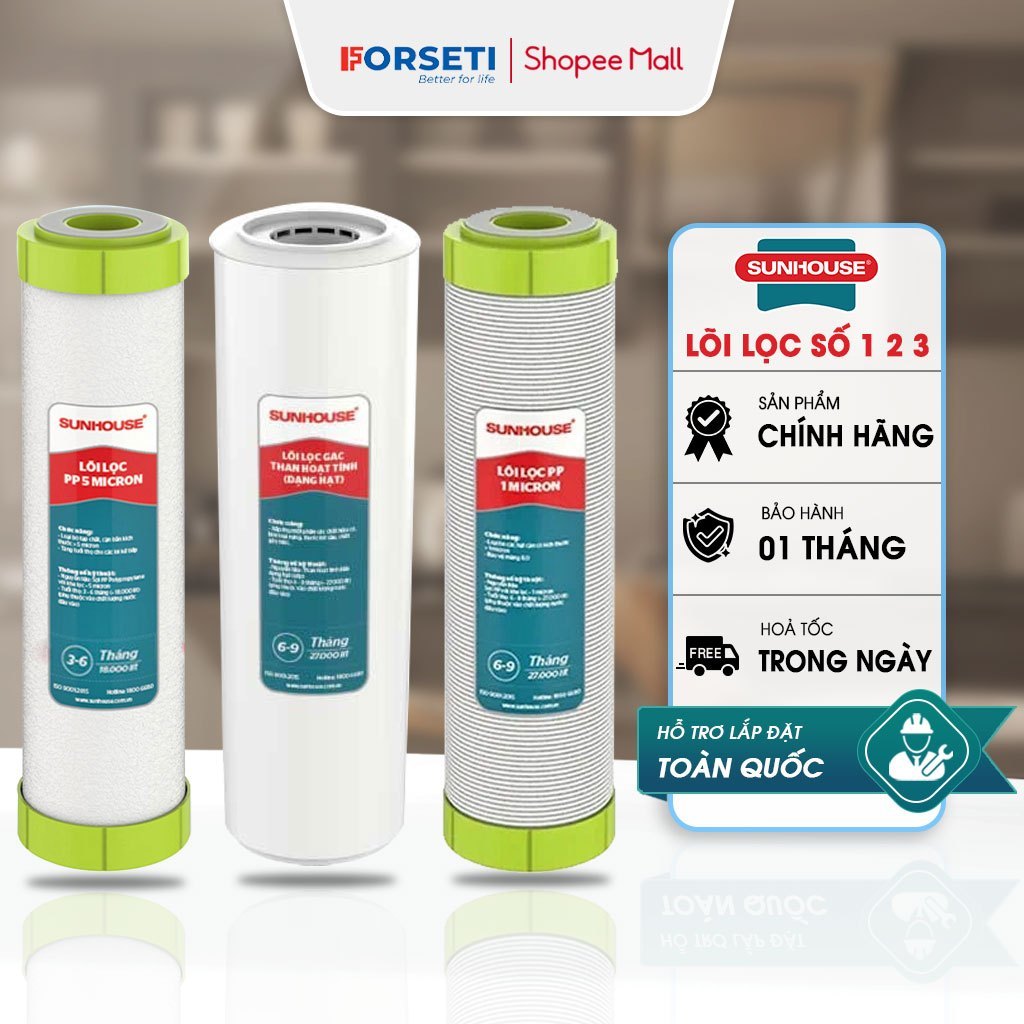 Bộ 3 Lõi Lọc Thô Sunhouse Chính Hãng Dùng Cho Các Loại Máy Lọc Nước RO Sunhouse - Cốc Lọc 10 Inch