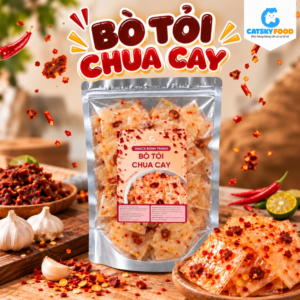 Bánh Tráng Bò Tỏi Chua Cay Catsky Food trộn vị tỏi ớt cay nồng kèm vị tắc chua thanh