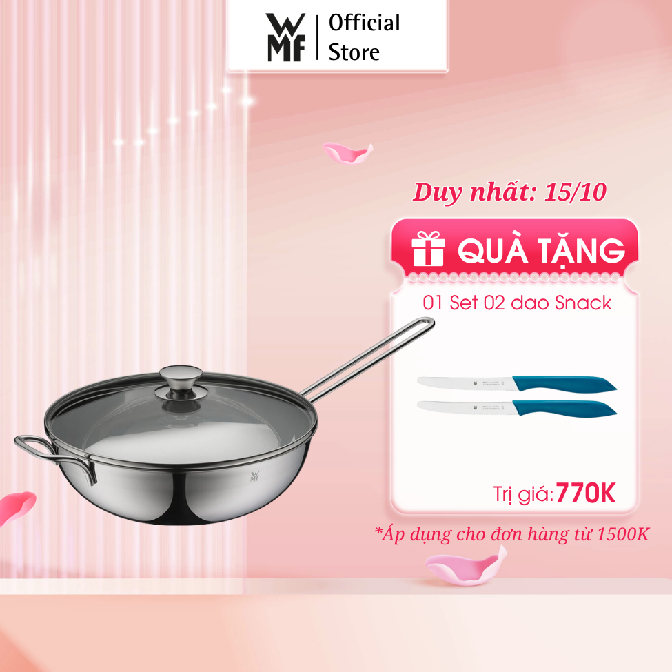Chảo Thép Sâu Lòng WMF Wokpan 30cm Kèm Vung Kính Chất Liệu Thép Cromargan, Dùng Với Mọi Loại Bếp