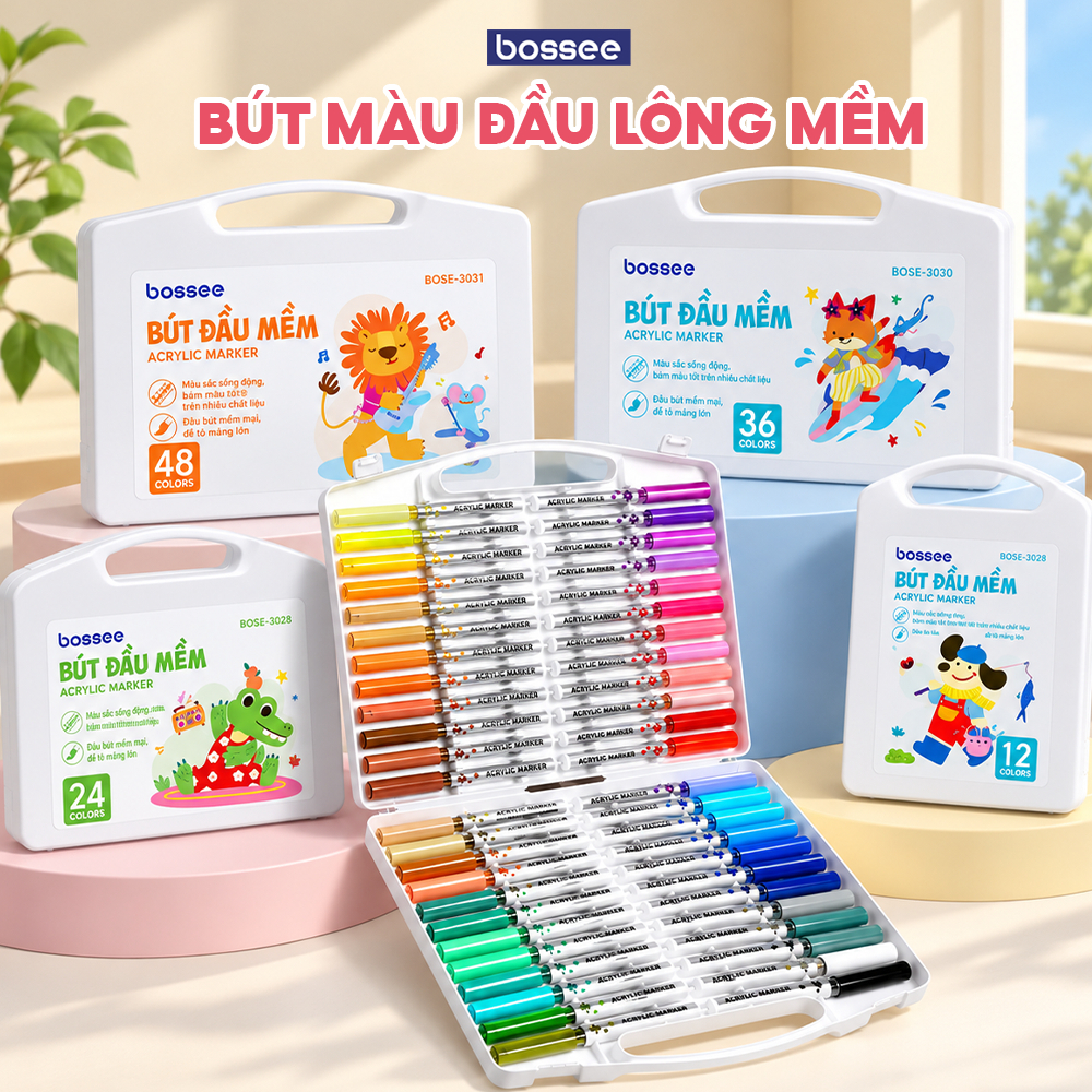 [Trợ Giá 50K] Bút Màu Acrylic Marker Đầu Lông Mềm Bossee - Hộp 24/36/48/60 Màu Sắc Tươi Sáng Vẽ Trên Mọi Chất Liệu