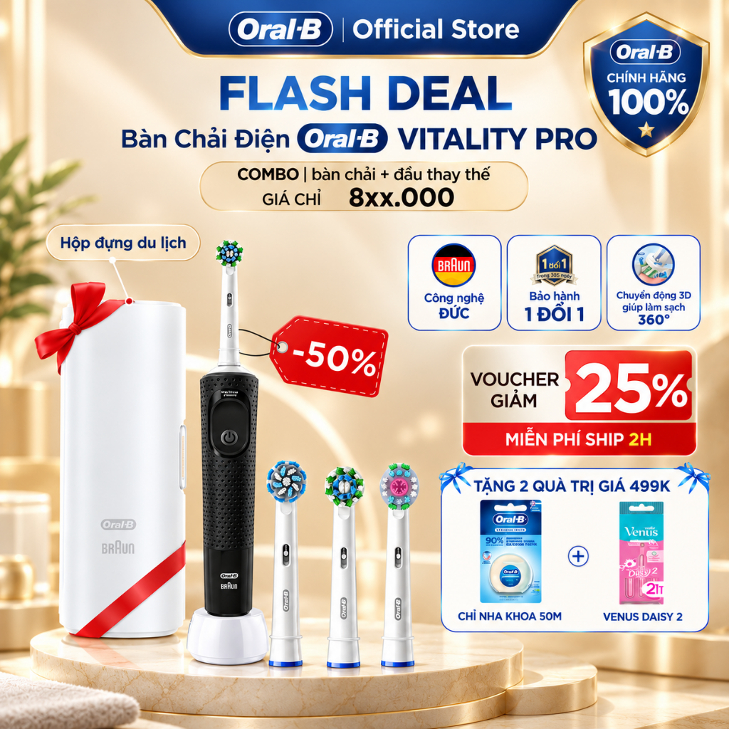 [HỎA TỐC 2H-4H] [MUA 1 TẶNG 2] Mua 1 Bàn Chải Điện ORAL B VITALITY Pro Đen TẶNG Set 2 Đầu Bàn Chải