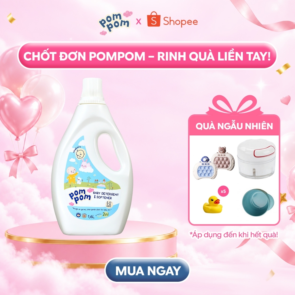 [NEWBORN - SƠ SINH] [1.6L] Nước Giặt Xả Pom Pom 2in1 Hương Phấn Rôm Sạch Vết Nôn Trớ, Dịu Nhẹ Cho Da Bé 15ml Là Đủ