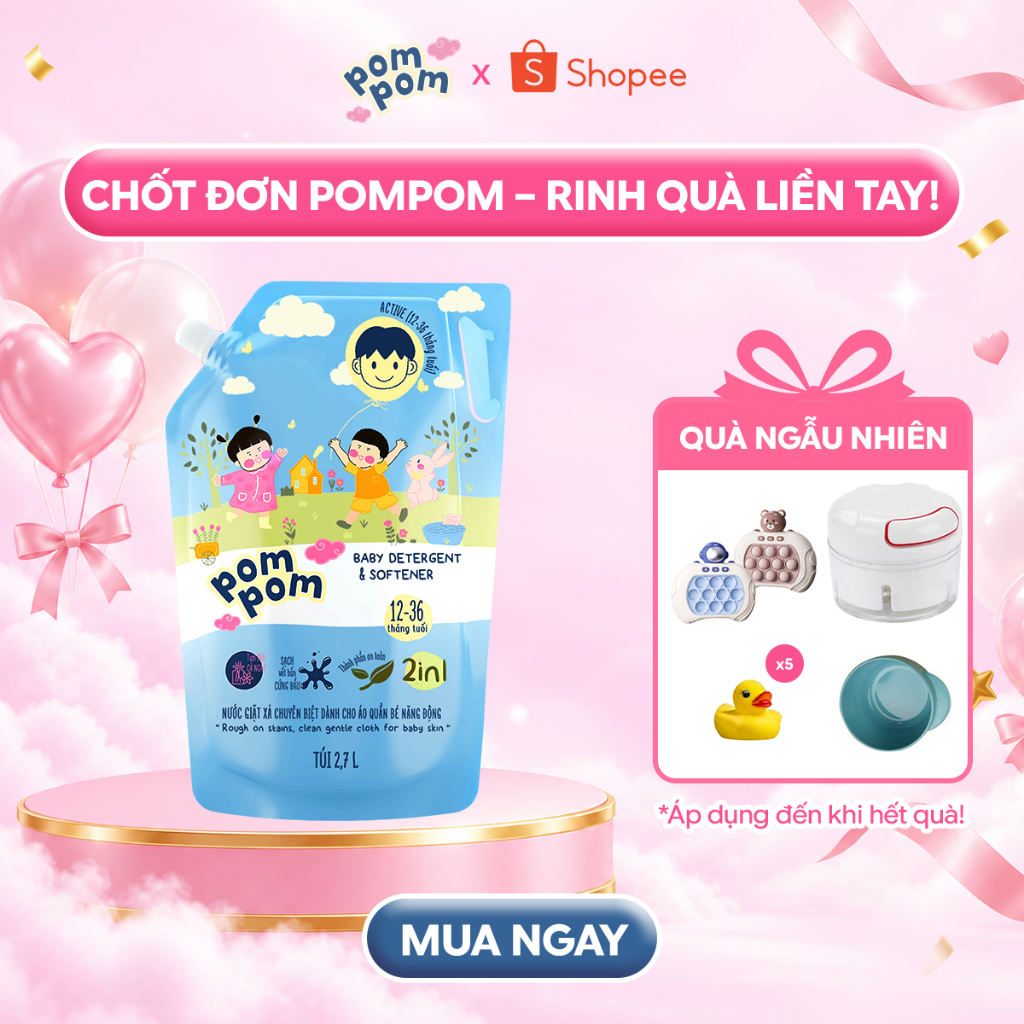 [ACTIVE - CẢ GIA ĐÌNH] [2.7L] Nước Giặt Xả Pom Pom 2in1 Hương Nắng Mai Lành Tính Cho Cả Nhà Mềm Vải Bền Màu 15ml Là Đủ