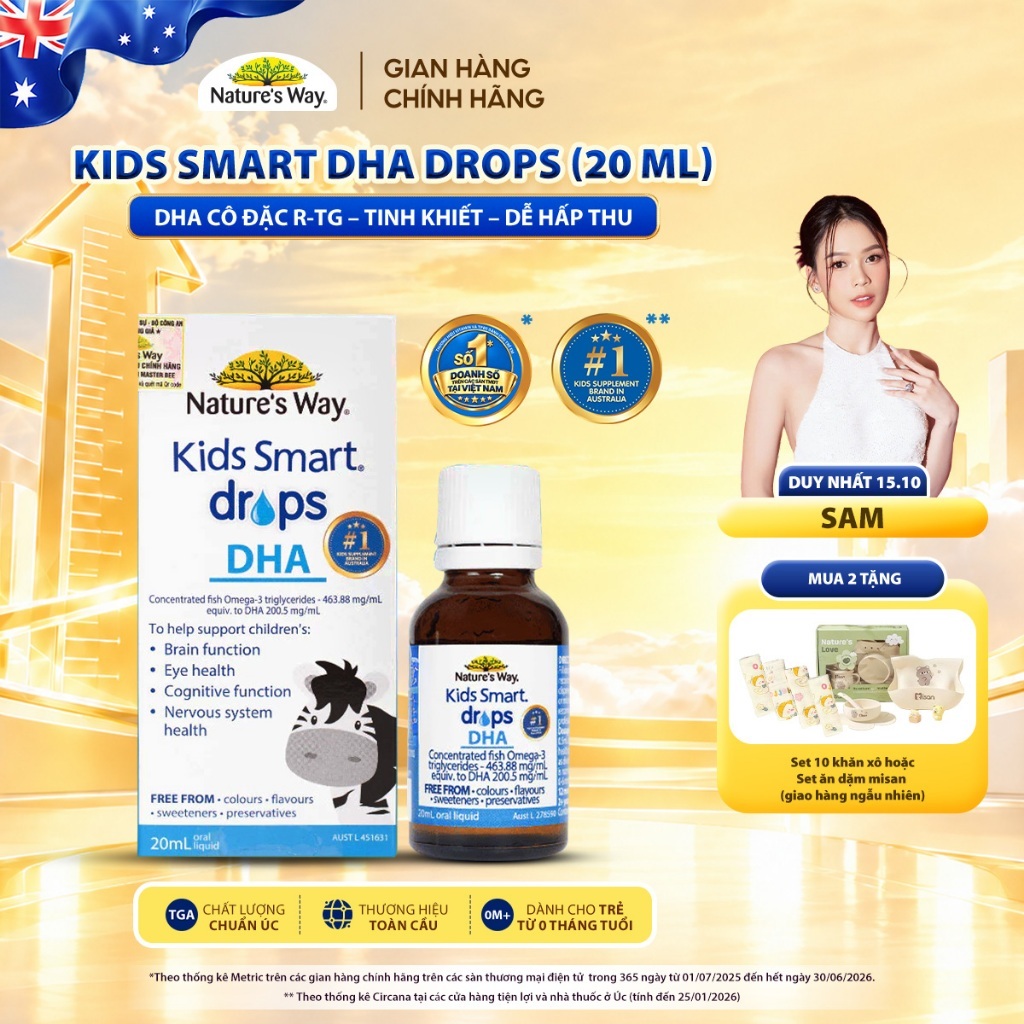 DHA Drops Nature's Way Kids Smart Bổ Sung DHA, EPA, Omega 3 RTG Cô Đặc, Hỗ Trợ Tốt Cho Não Và Mắt Cho Bé 20ml
