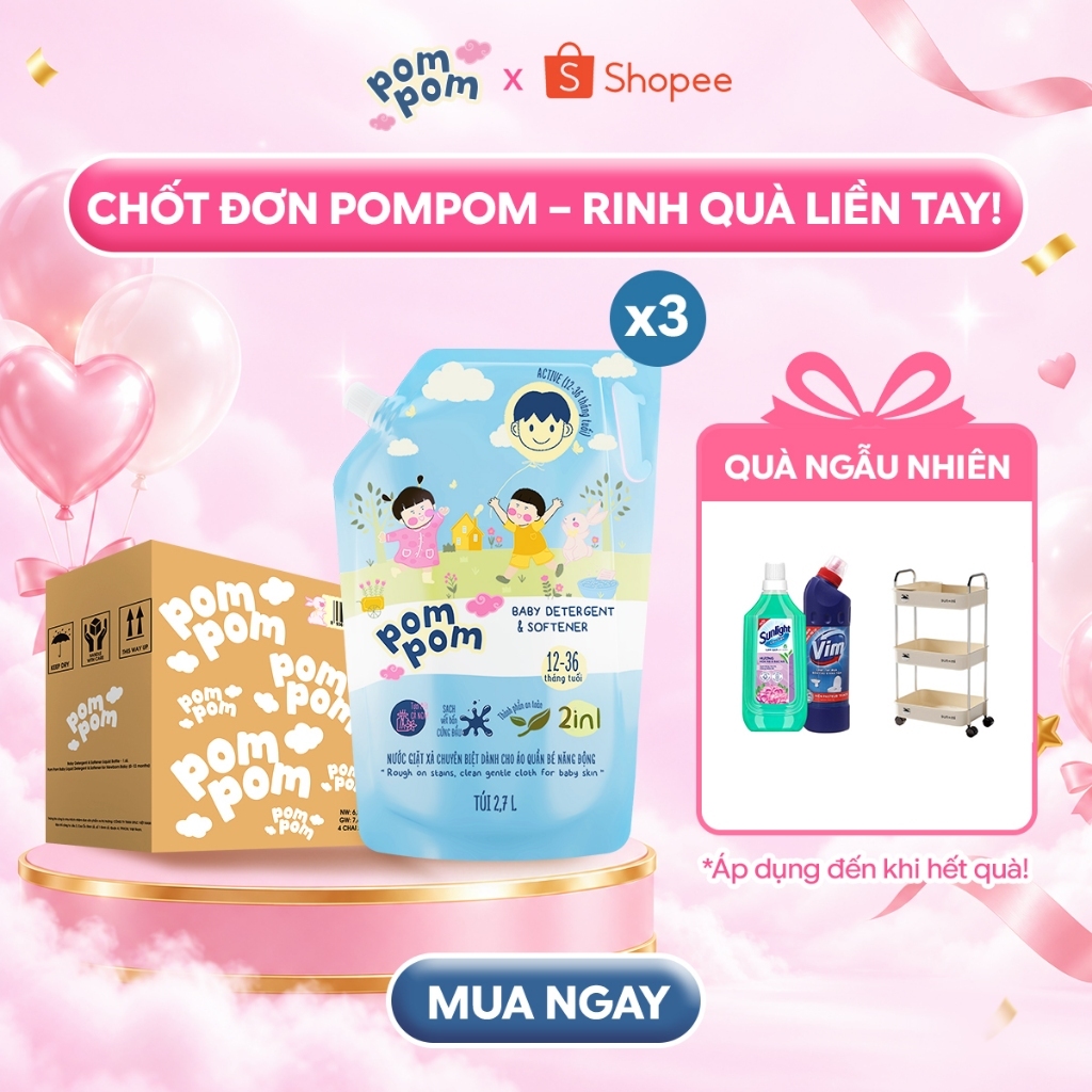 Combo 3 [ACTIVE - CẢ GIA ĐÌNH] [2.7L x3] Nước Giặt Xả Pom Pom 2in1 Hương Nắng Mai Lành Tính Cho Cả Nhà Mềm Vải Bền Màu