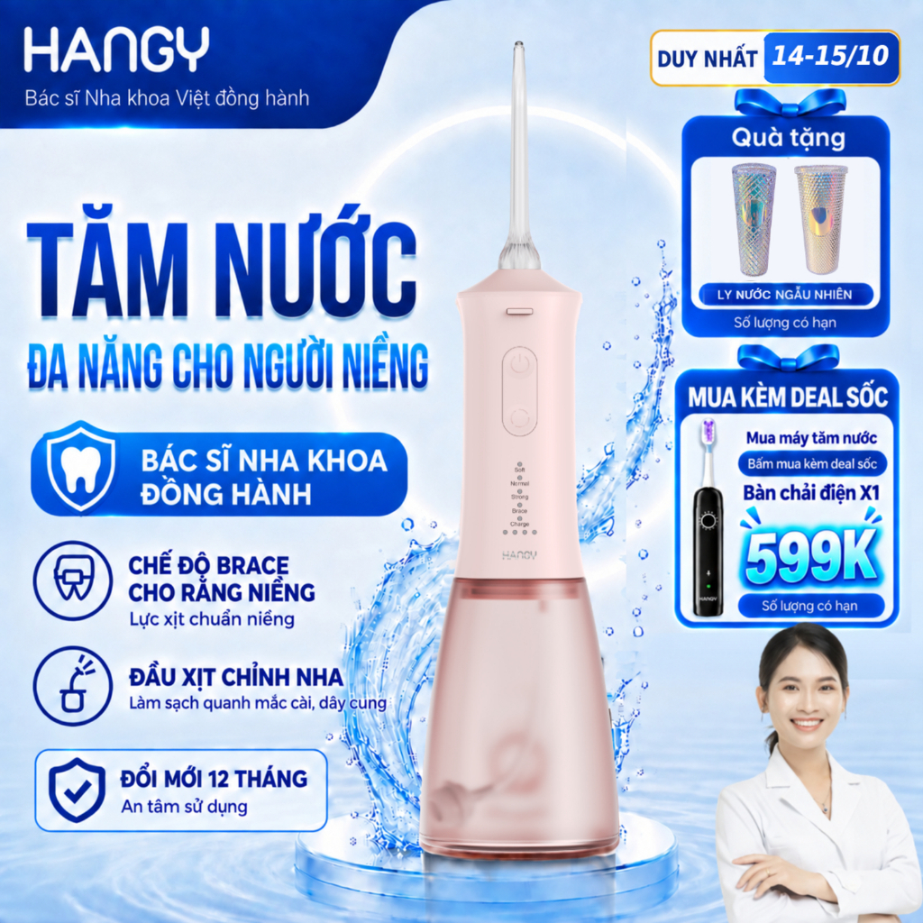 Máy Tăm Nước Cầm Tay Cho Răng Niềng HG23 &HN26 - Pin Trâu, 4 Chế Độ - Đổi mới trong 12 tháng
