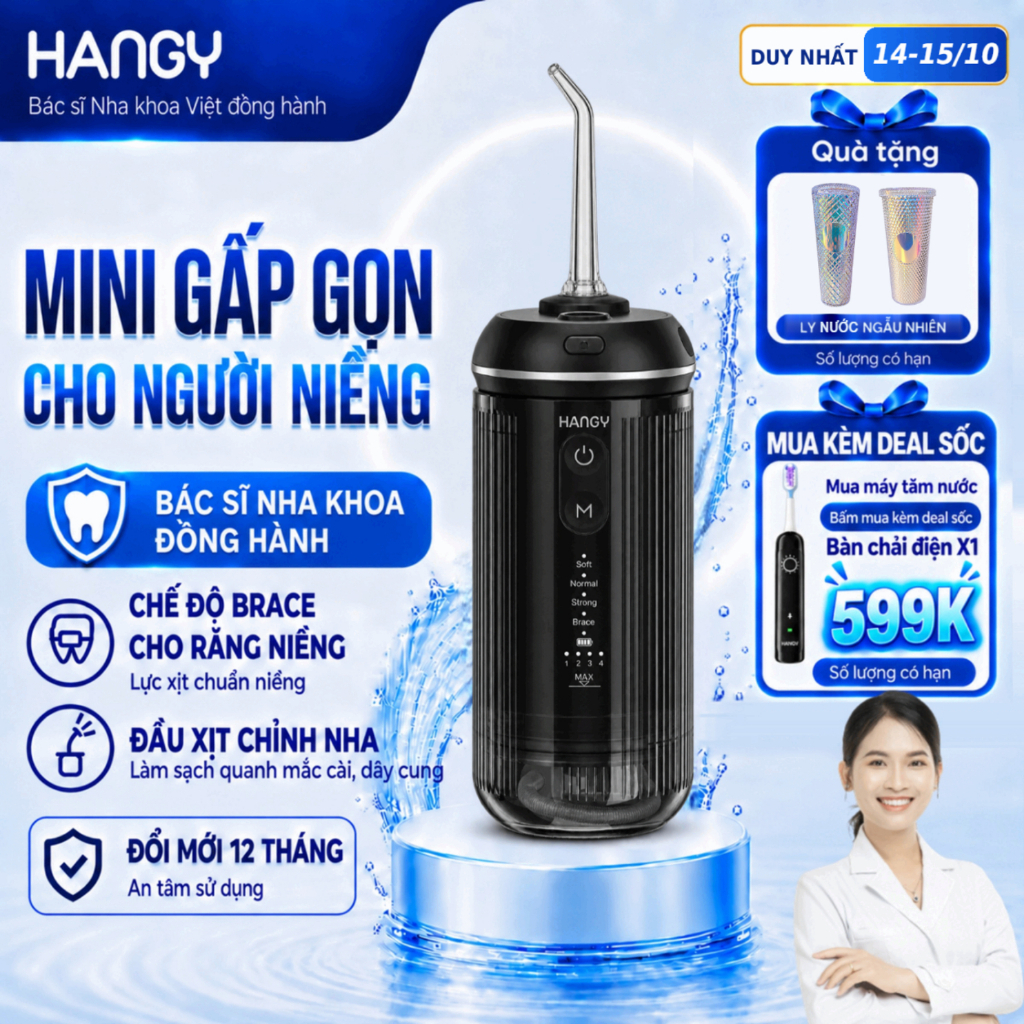 Máy tăm nước mini HANGY O16 & HM06 gấp gọn cho người niềng - Khởi động mềm, 4 chế độ làm sạch