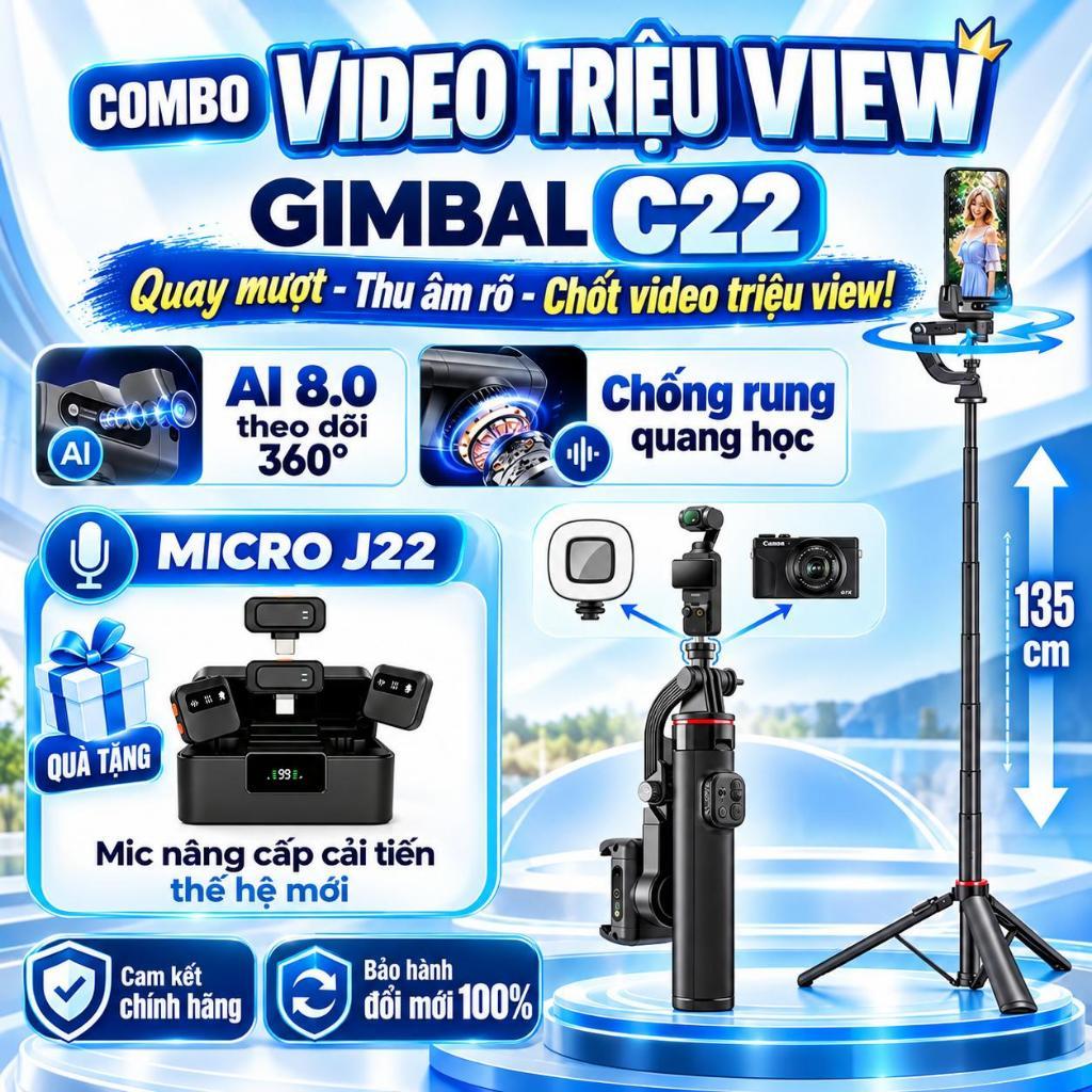 Gimbal Xoay 360 Độ AI C22, Tripod Điện Thoại Livestream, Chụp ảnh chống rung xoay theo vật thể