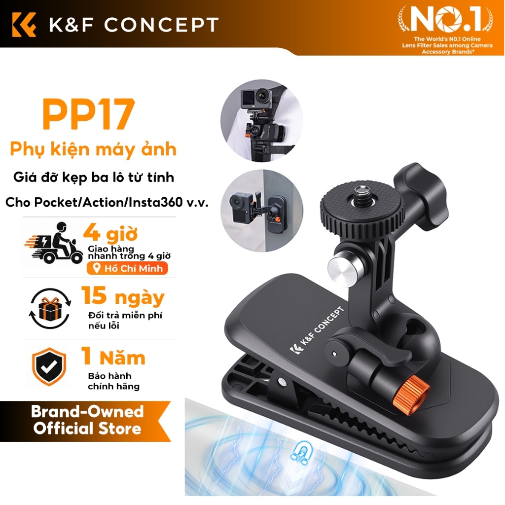 K&F CONCEPT PP17 Giá đỡ kẹp ba lô từ tính cho DJI Pocket 4/3/4P Insta360 X6/X5 Action 6/5 Pro/4 GoPro bi xoay 360°