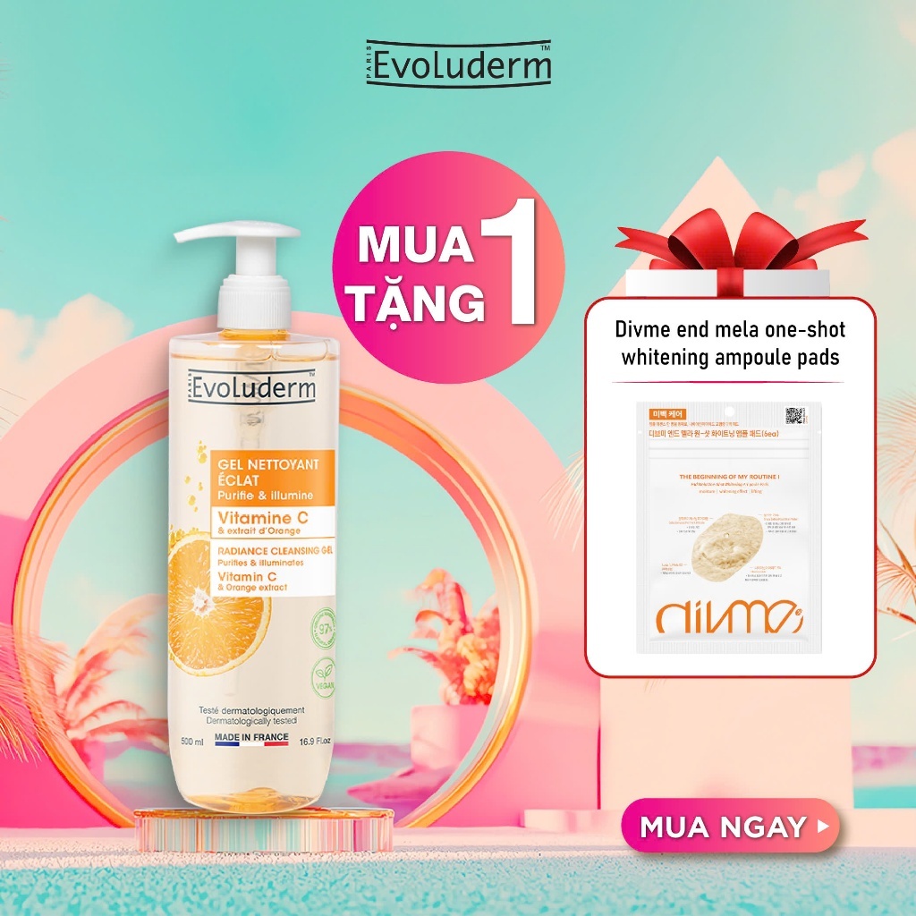 Sữa rửa mặt trắng da Evoluderm thuần chay, bổ sung Vitamin C, làm sạch sâu giúp da trắng sáng 500ml