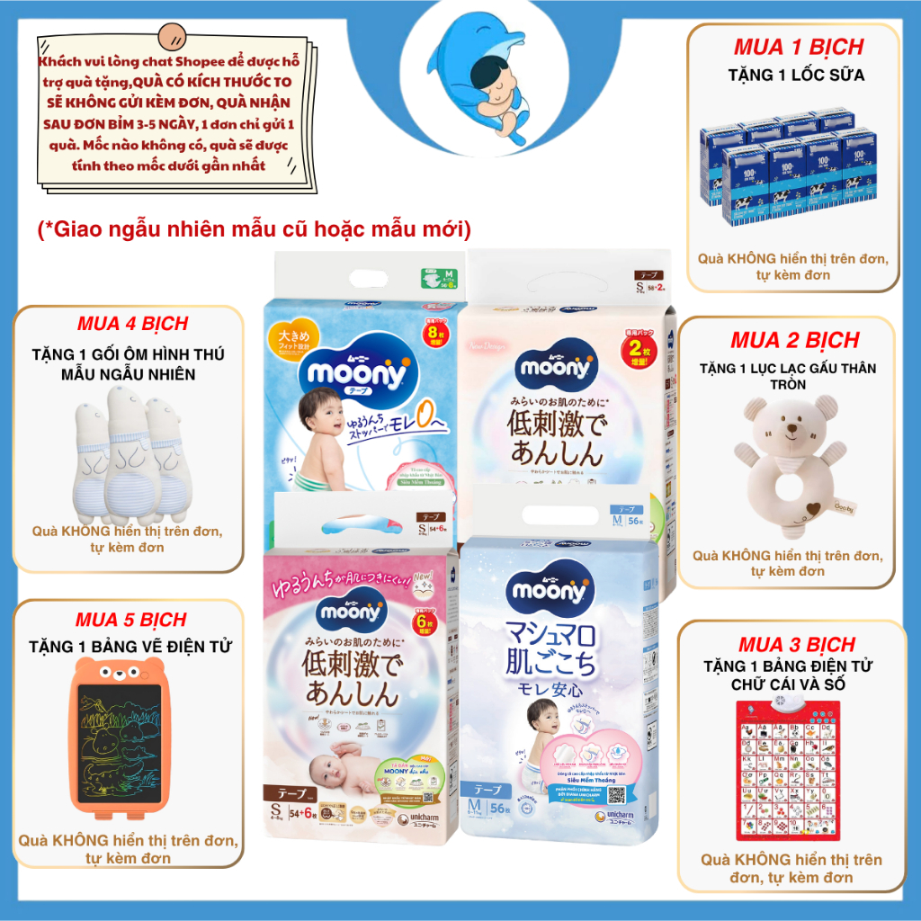 Tã/Bỉm Moony dịu nhẹ quần, dán đủ sizeNB60/S54/M46/L38/L36/XL32 cho bé 0-22kg MECAHEO