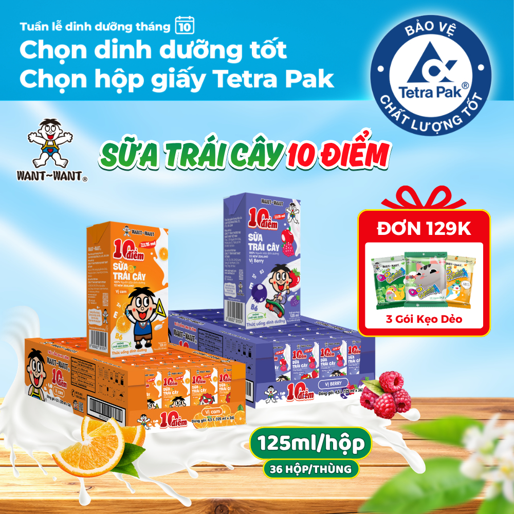 Sữa Trái Cây 10 Điểm Want Want Thùng 125mlx36 Nhiều Vị, Thực Phẩm Bổ Sung Tiện Lợi