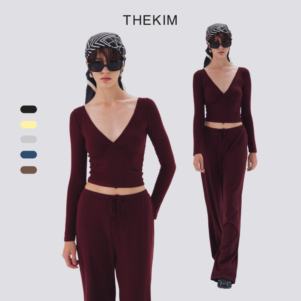 THEKIM SET LẺ Áo thun dài tay giao chéo cổ V và quần dài suông phối dây rút chất vải rib cotton mềm CS362363