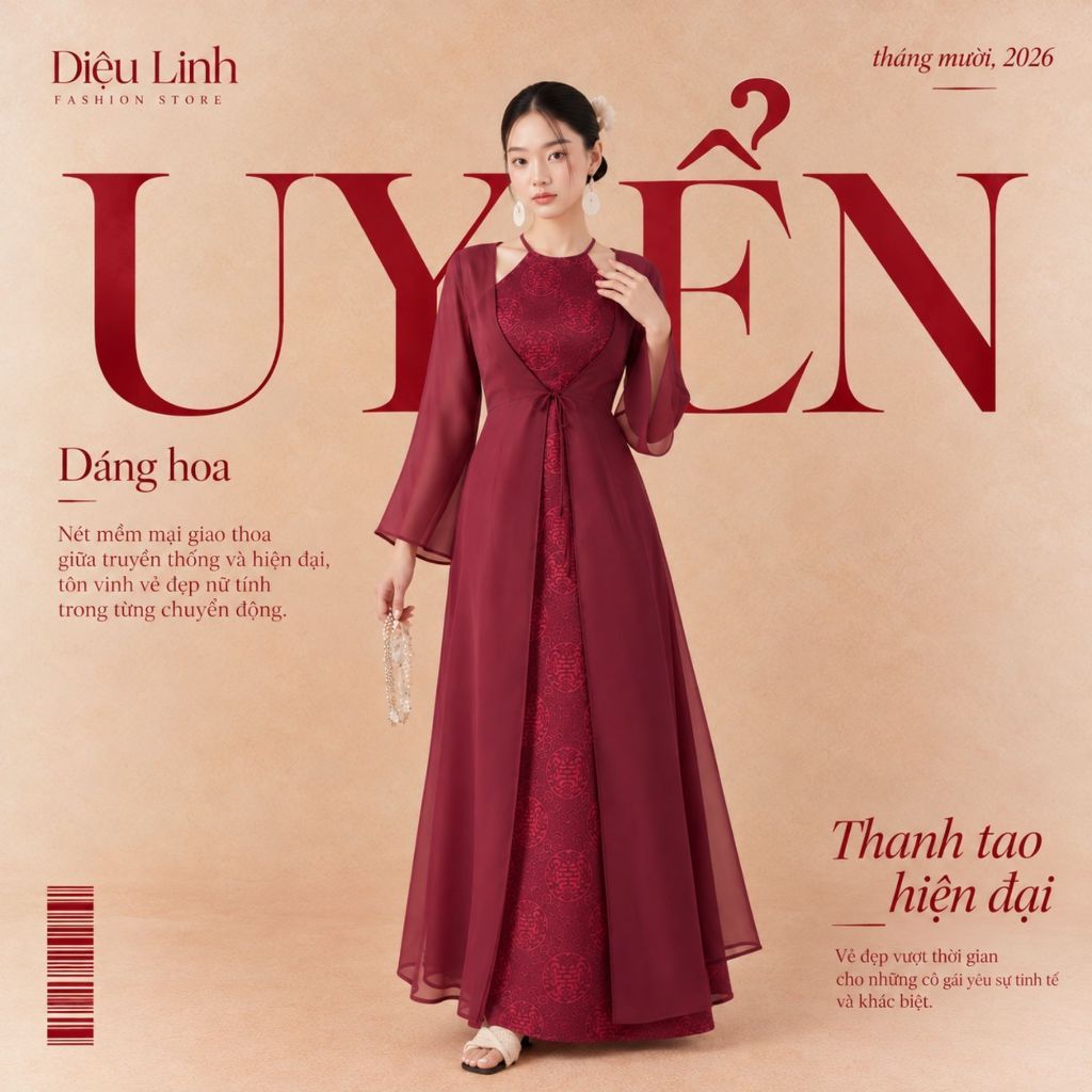 [BST UYỂN] Áo dài nữ cổ yếm kèm khoác choàng voan tơ thêu hoa sang trọng, áo dài tết 2027 dáng dài thanh lịch
