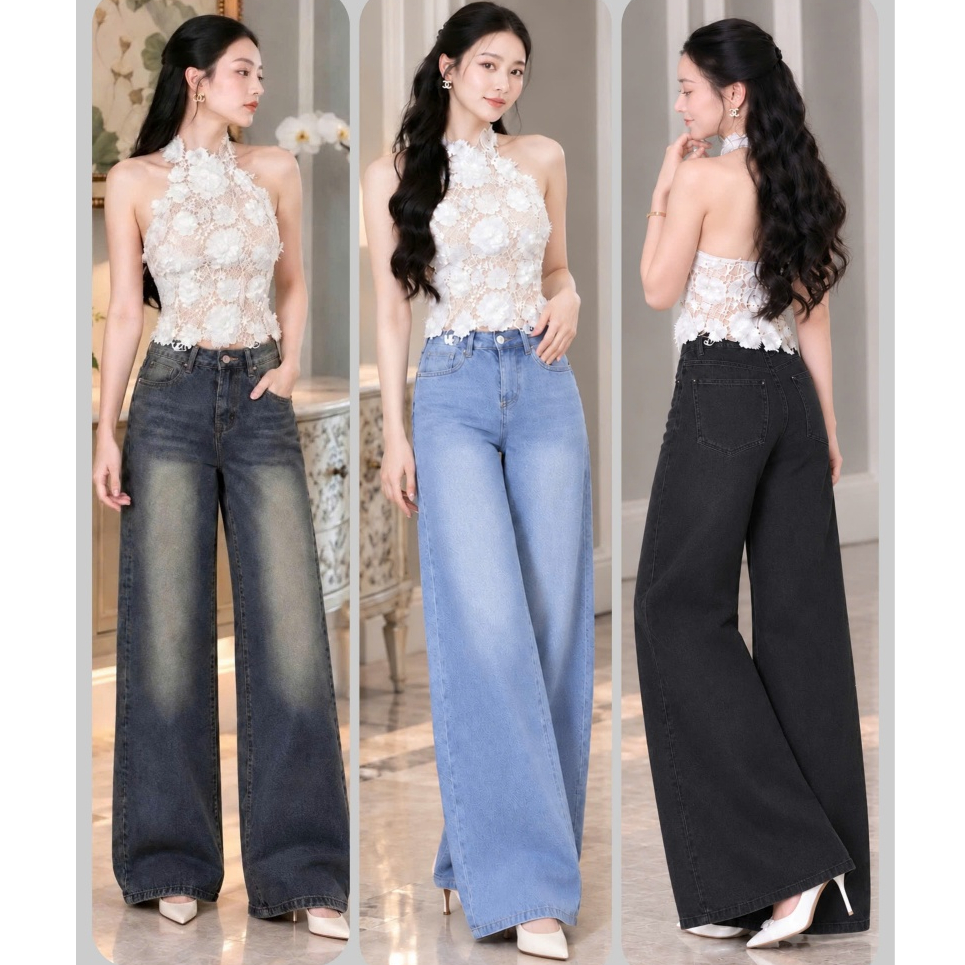 Quần Jean Nữ Ống Suông Rộng , Quần Bò Ống Rộng Chất Jean Mềm MIN.CLUB 170