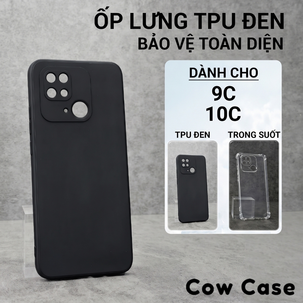 Ốp lưng Redmi 9c, 10c Cowcase trơn màu đen | Ốp điện thoại Xiaomi dẻo bảo vệ camera đt toàn diện