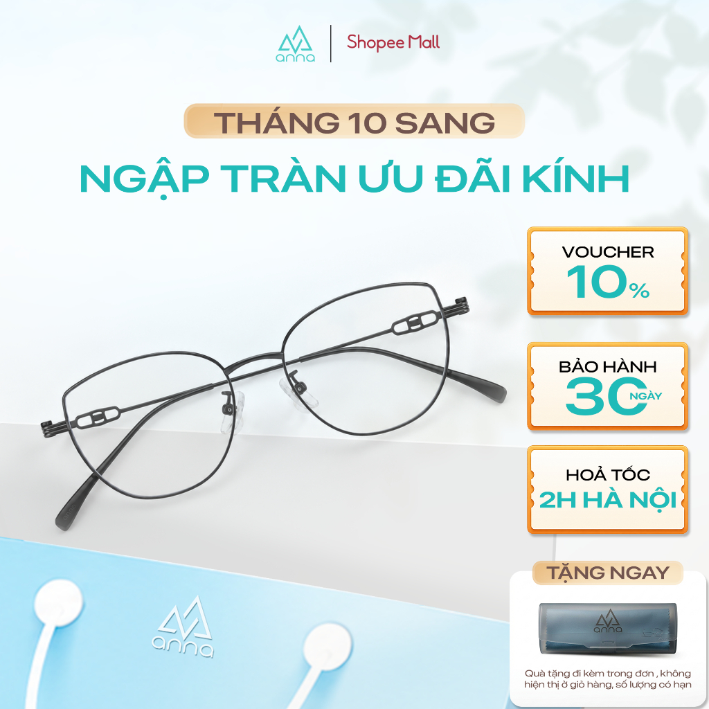 Gọng kính IP titan cao cấp kèm tròng đổi màu khi ra nắng 0 độ ANNA dáng mắt mèo cá tính 5501 - HỘP DA